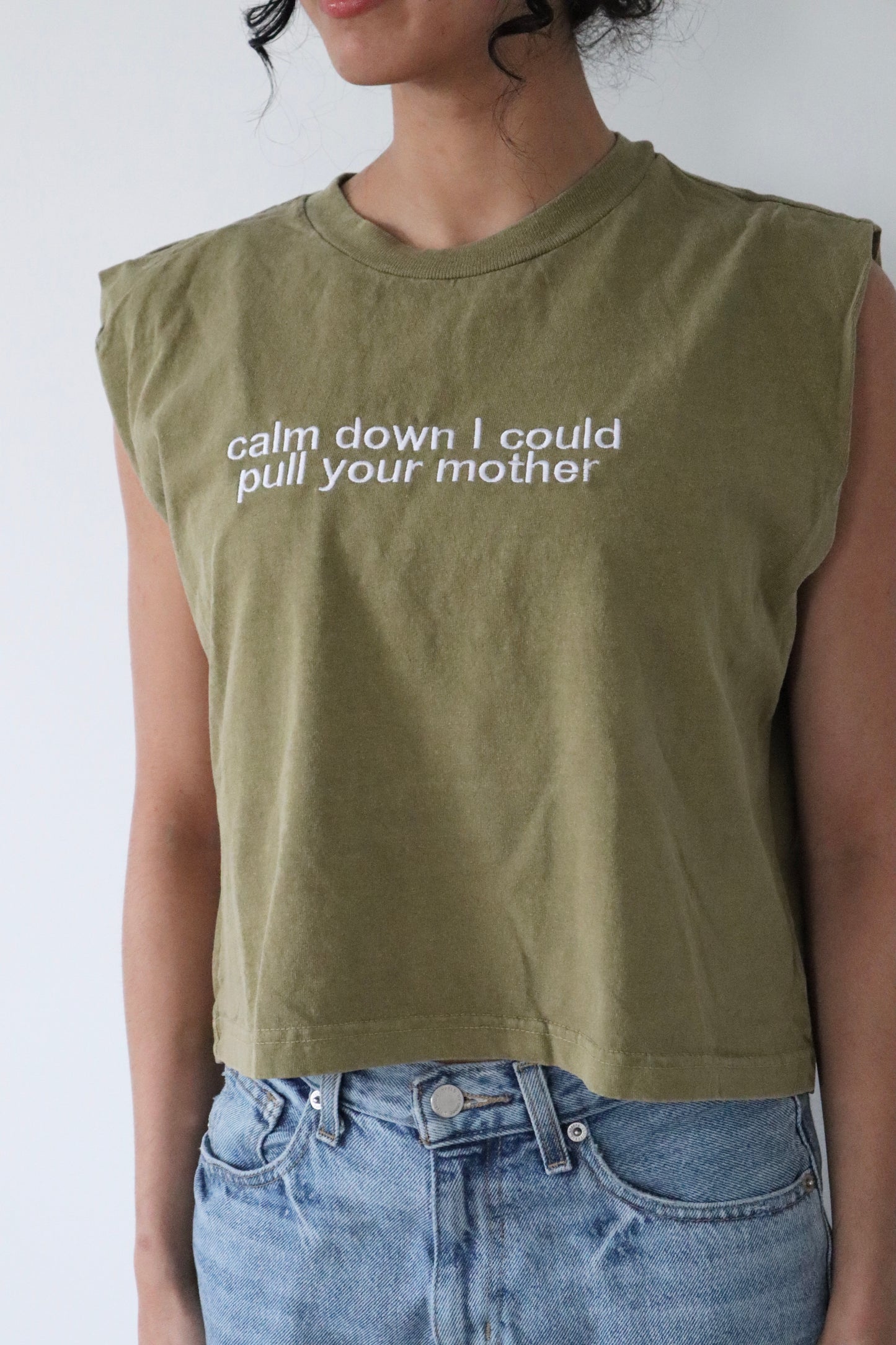 Embroidered Embroidered "Calm Down I Could Pull Your Mother" Cropped Muscle Tee Tank Top by KDM Vintage, Pull on, Boxy Fit, Unisex, Adult