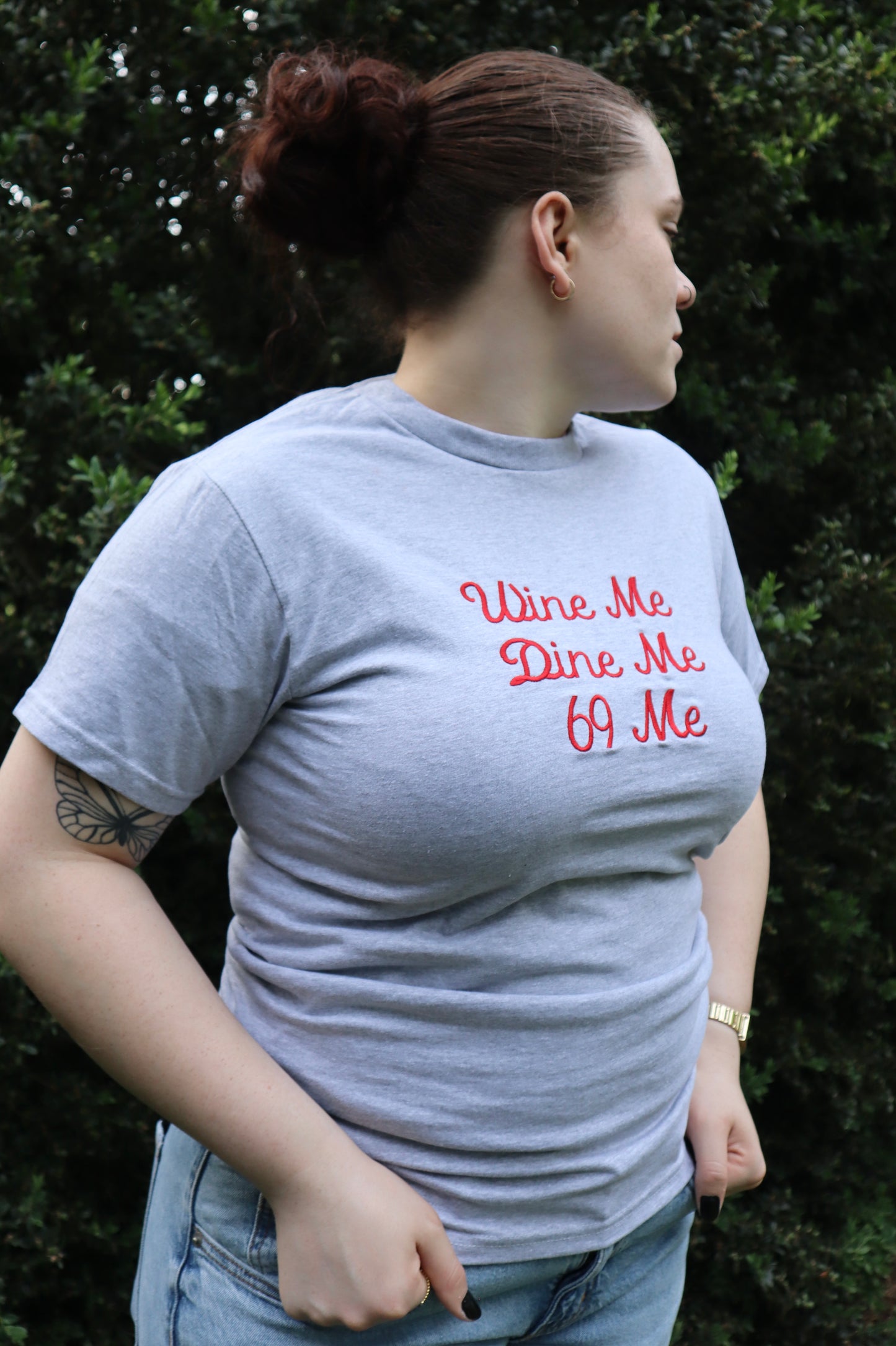 Embroidered 'Wine Me Dine Me Sixty Nine Me' T-Shirt, Short Sleeve, Modern Classic fit, Unisex, Adult