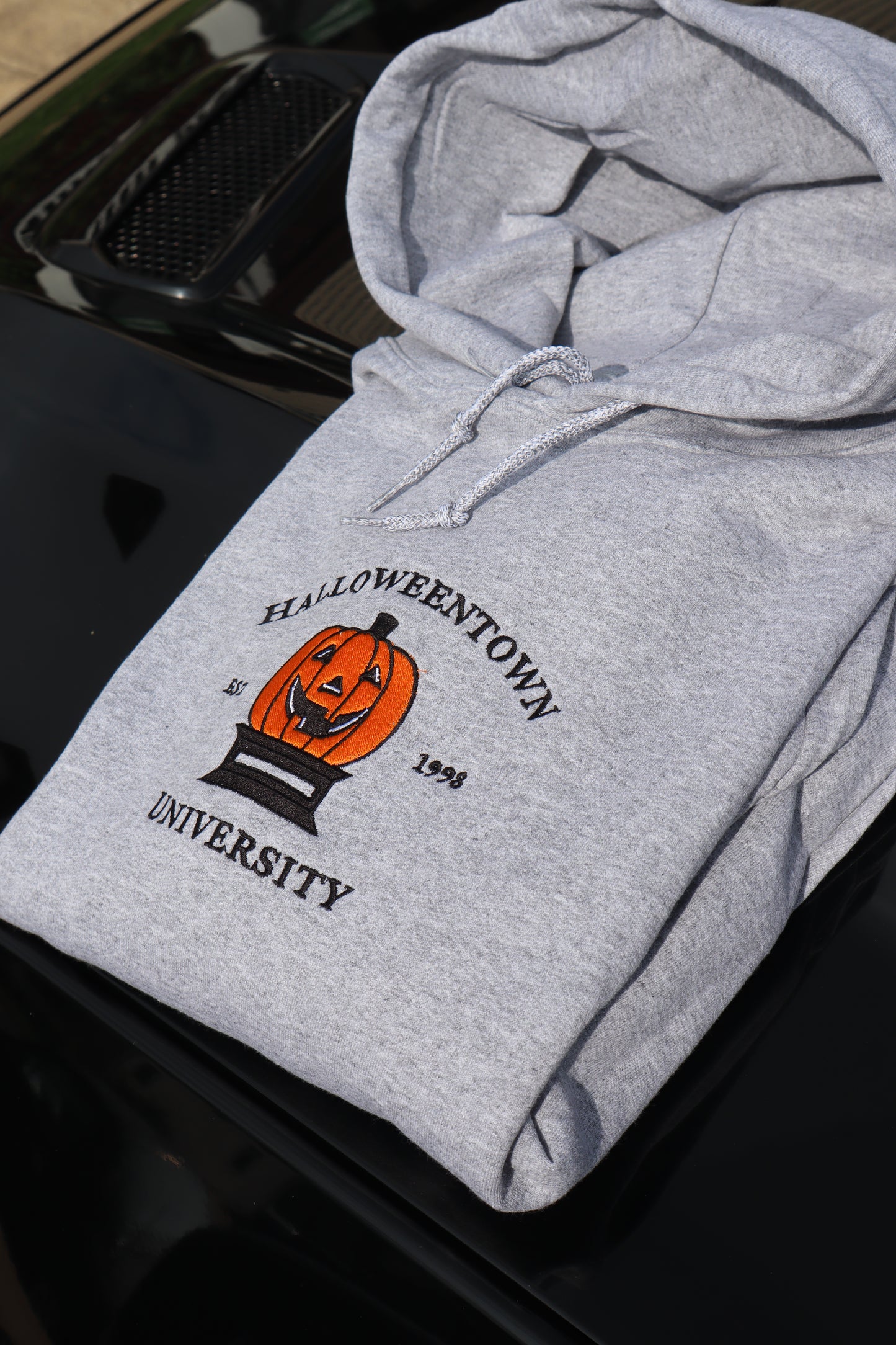 Embroidered 'Halloween University Big Colored Scary Pumpkin Head' Hoodie or Crewneck, Long Sleeve, Classic fit, Unisex, Adult