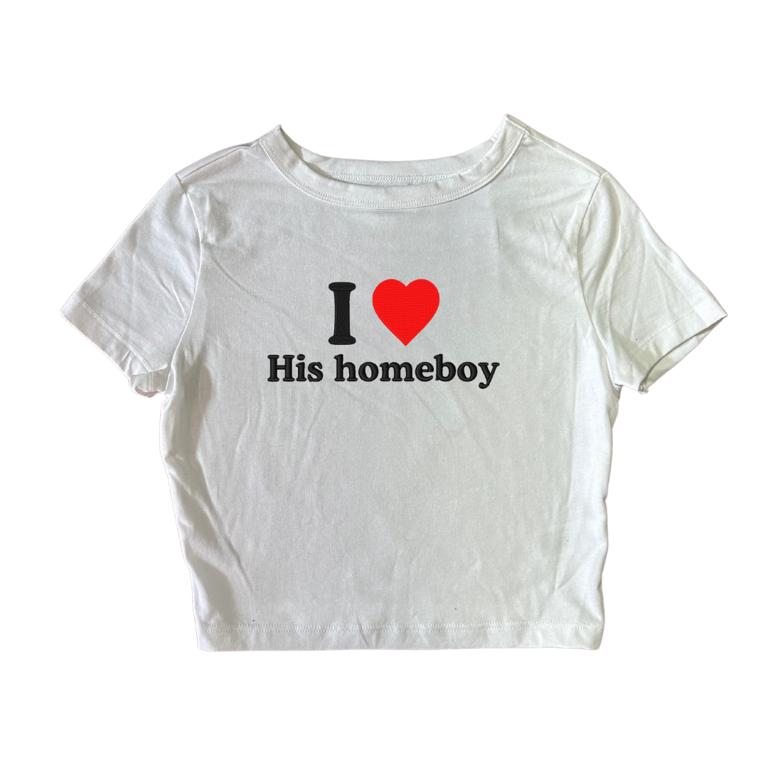 Embroidered 'I HEART His Homeboy' Cropped, Short Sleeve, Petite