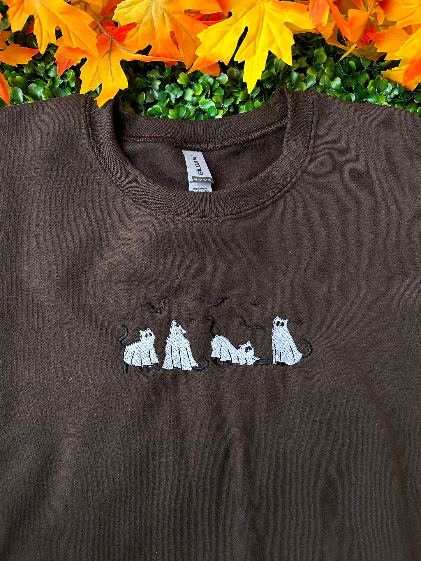 Embroidered 'Ghost Cats' Hoodie or Crew Neck Long Sleeve, Classic fit, Unisex, Adult
