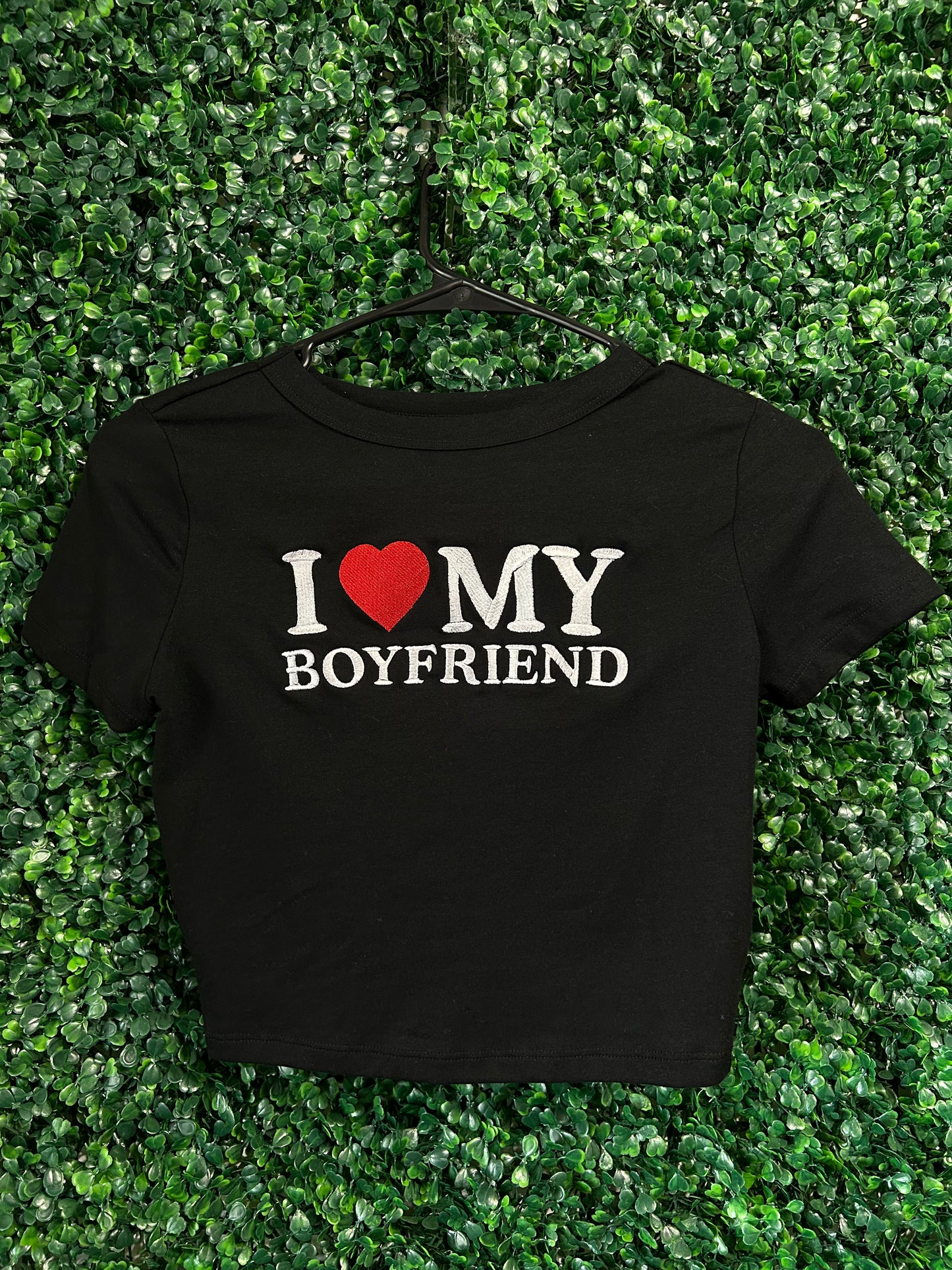 Embroidered ‘I HEART MY BOYFRIEND’ Cropped, Short Sleeve, Petite fit, Adult, Female, T-Shirt