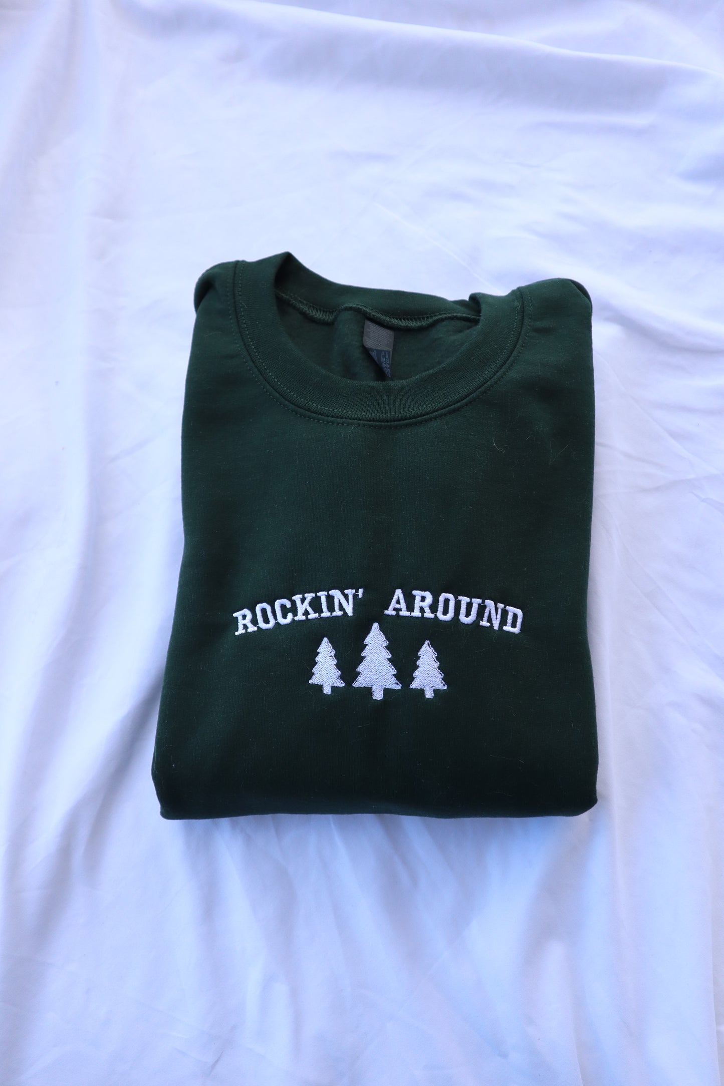 Embroidered “Rockin Around” Christmas Hoodie or Crewneck, Holiday Sweatshirt, Unisex, Classic Fit, Long Sleeve, Adult