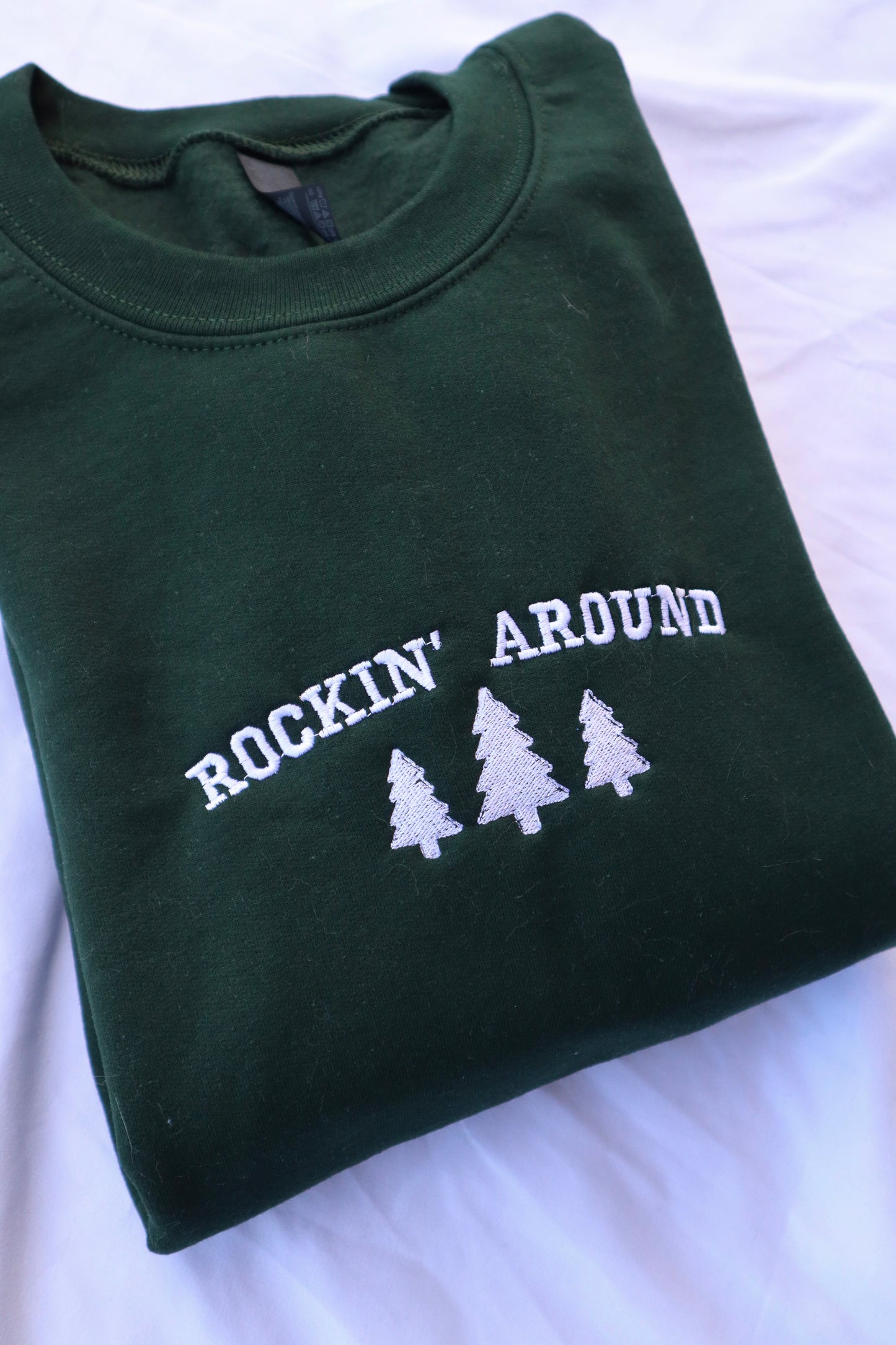 Embroidered “Rockin Around” Christmas Hoodie or Crewneck, Holiday Sweatshirt, Unisex, Classic Fit, Long Sleeve, Adult