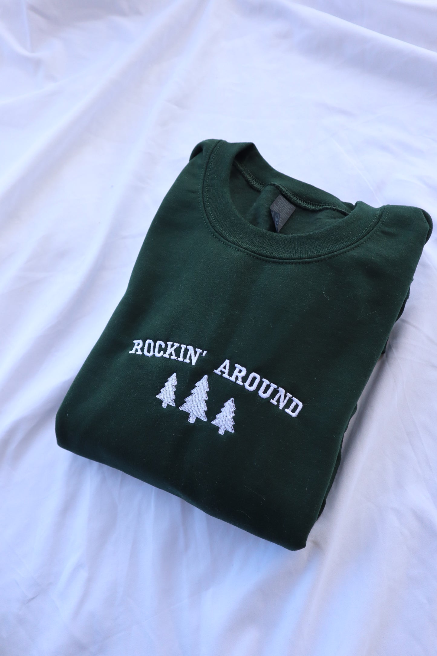 Embroidered “Rockin Around” Christmas Hoodie or Crewneck, Holiday Sweatshirt, Unisex, Classic Fit, Long Sleeve, Adult