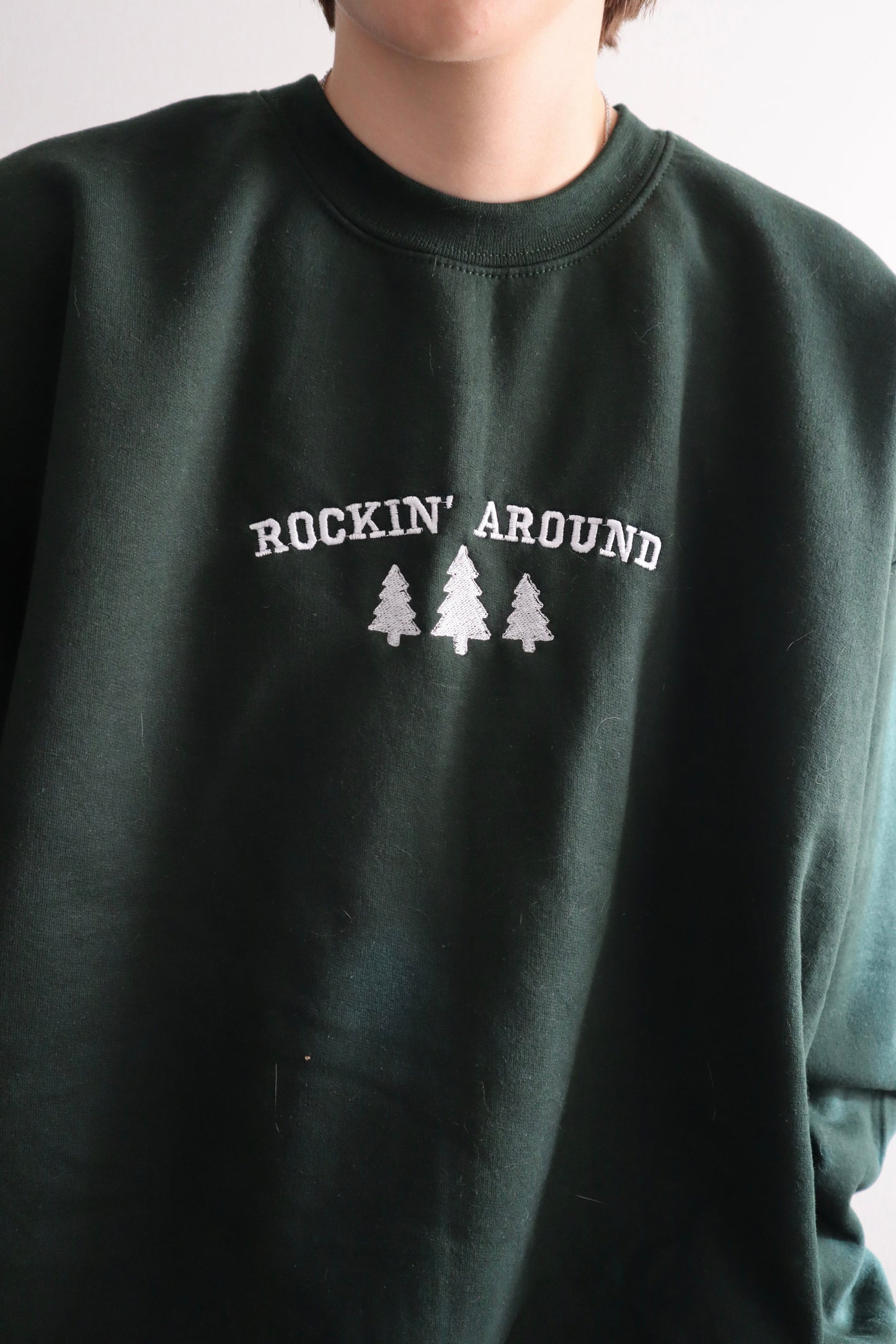 Embroidered “Rockin Around” Christmas Hoodie or Crewneck, Holiday Sweatshirt, Unisex, Classic Fit, Long Sleeve, Adult