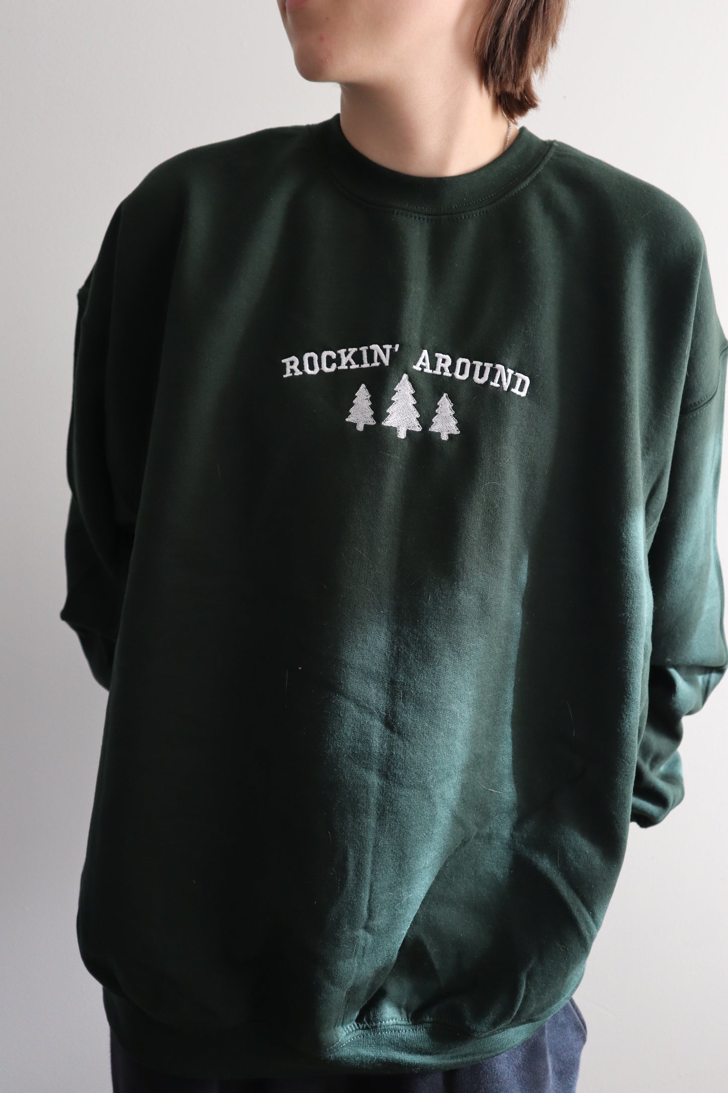 Embroidered “Rockin Around” Christmas Hoodie or Crewneck, Holiday Sweatshirt, Unisex, Classic Fit, Long Sleeve, Adult
