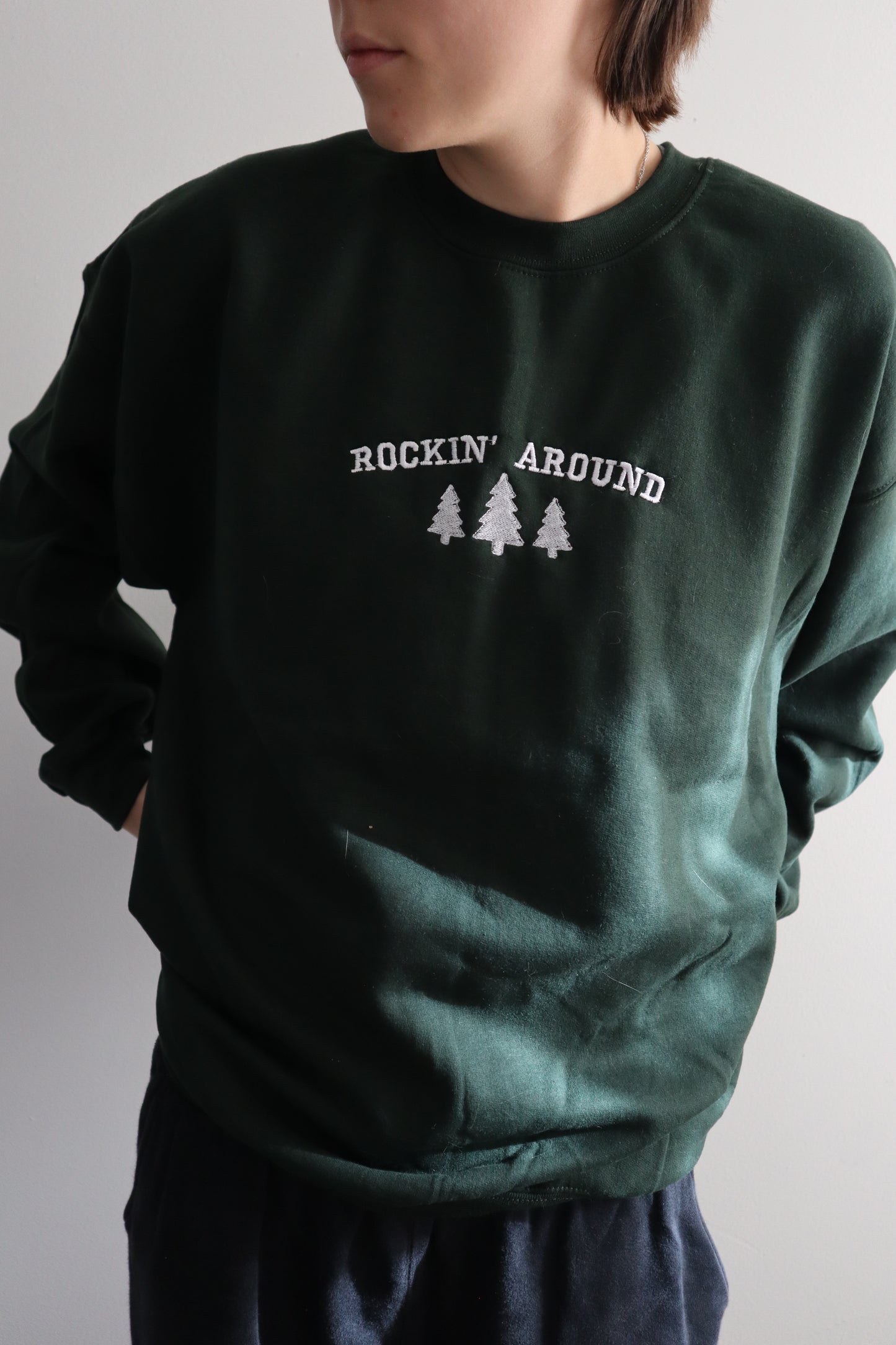 Embroidered “Rockin Around” Christmas Hoodie or Crewneck, Holiday Sweatshirt, Unisex, Classic Fit, Long Sleeve, Adult