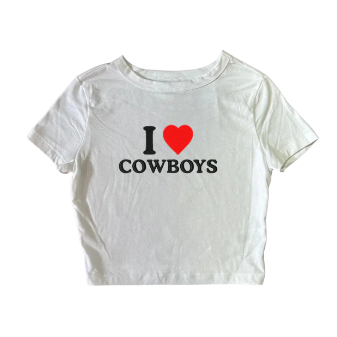 Embroidered ‘I Heart Cowboys’ Cropped, Short Sleeve, Petite fit, Adult, Female, T-Shirt