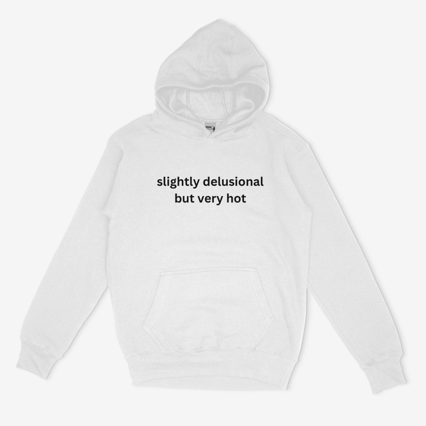 Embroidered 'Slightly Delusional but Very Hot' Hoodie or Crew Neck, Long Sleeve, Classic fit, Unisex, Adult