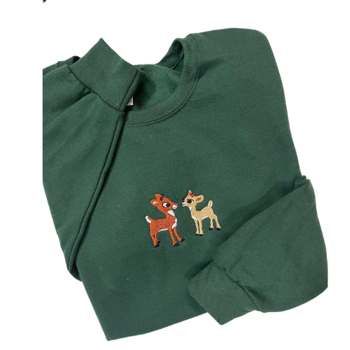 Long or Embroidered Vintage \'Christmas KDM Sleeve, Hoodie Deer\' – Classic Crew Neck,