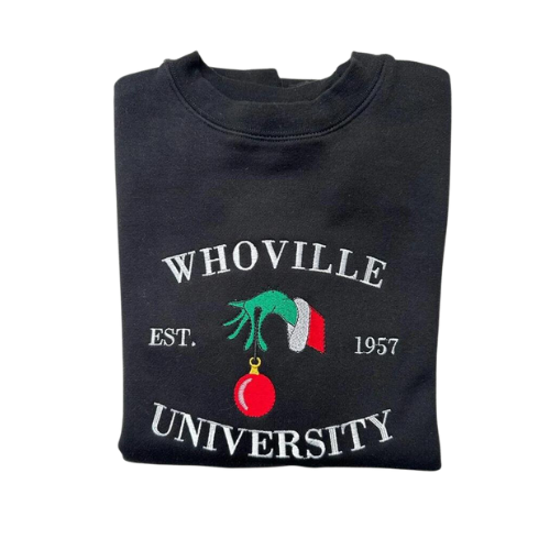 Embroidered 'Whoville University' Hoodie or Crew Neck, Long Sleeve, Classic fit, Unisex, Adult