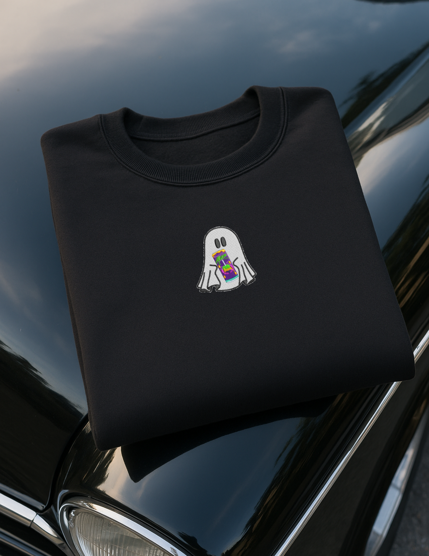 Embroidered 'Green Apple Energy Drink Ghost' Hoodie or Crew Neck, Long Sleeve, Classic fit, Unisex, Adult