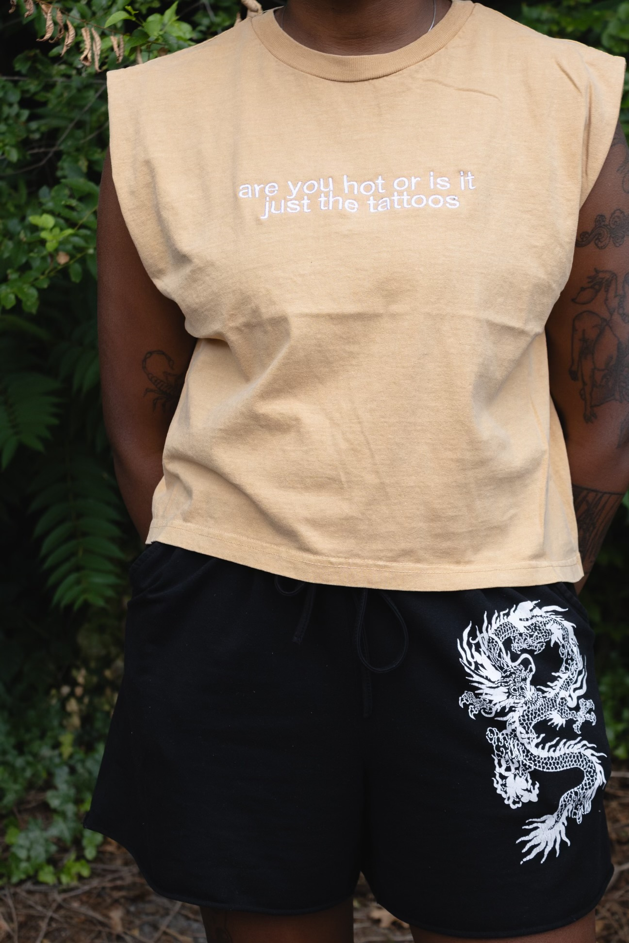 Embroidered Embroidered "Are You Hot Or Is It Just The Tattoos" Cropped Muscle Tee Tank Top, Pull on, Boxy Fit, Unisex, Adult