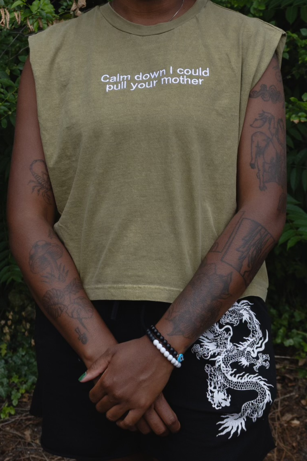 Embroidered Embroidered "Calm Down I Could Pull Your Mother" Cropped Muscle Tee Tank Top by KDM Vintage, Pull on, Boxy Fit, Unisex, Adult