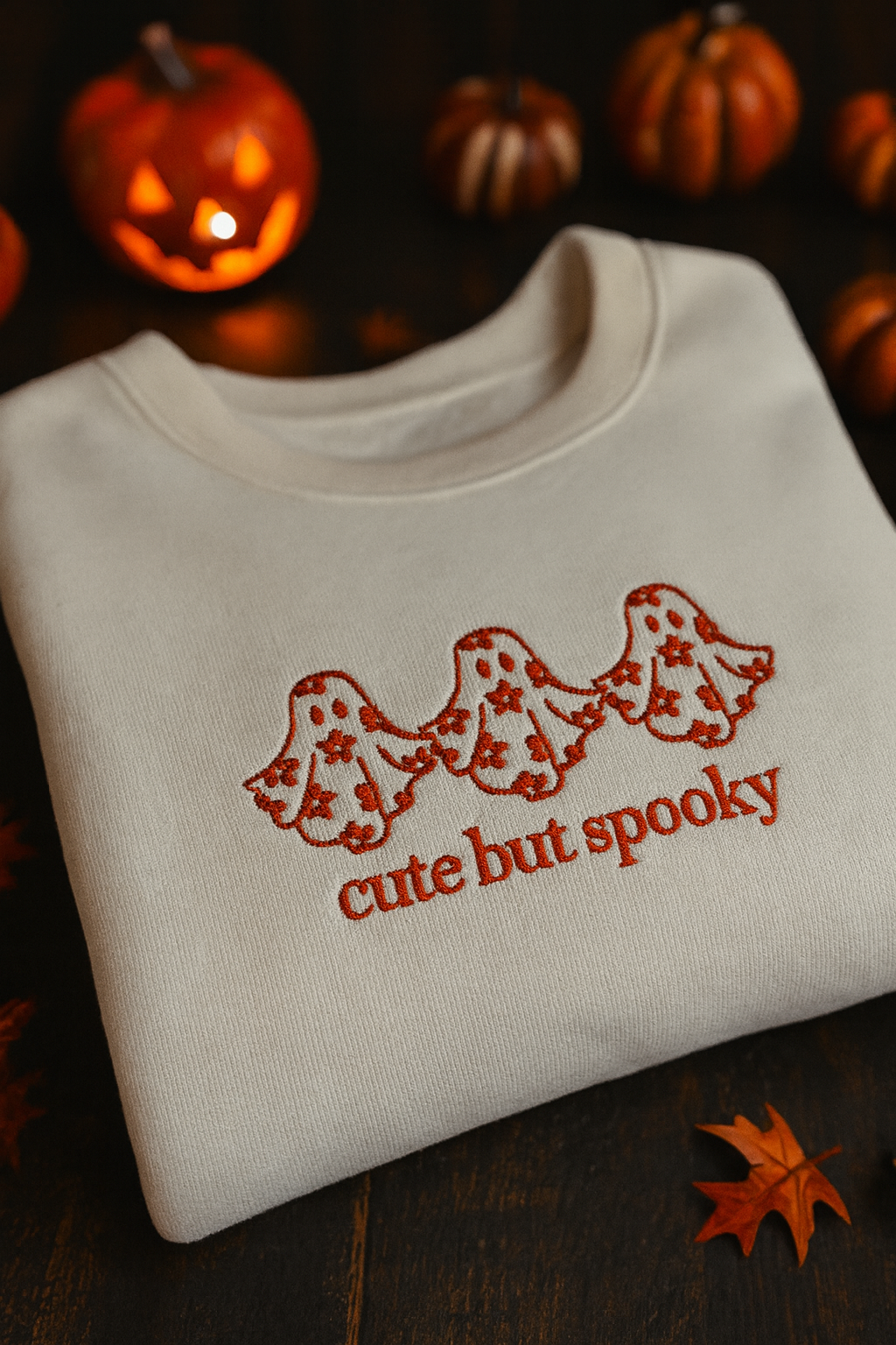 Embroidered 'Cute But Spooky' Hoodie or Crew Neck, Long Sleeve, Classic fit, Unisex, Adult
