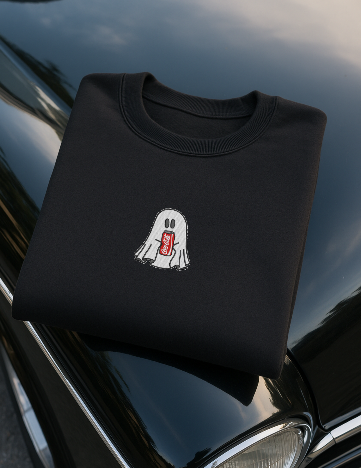 Embroidered 'Ghost Red Dark Soda' Hoodie or Crew Neck, Long Sleeve, Classic fit, Unisex, Adult