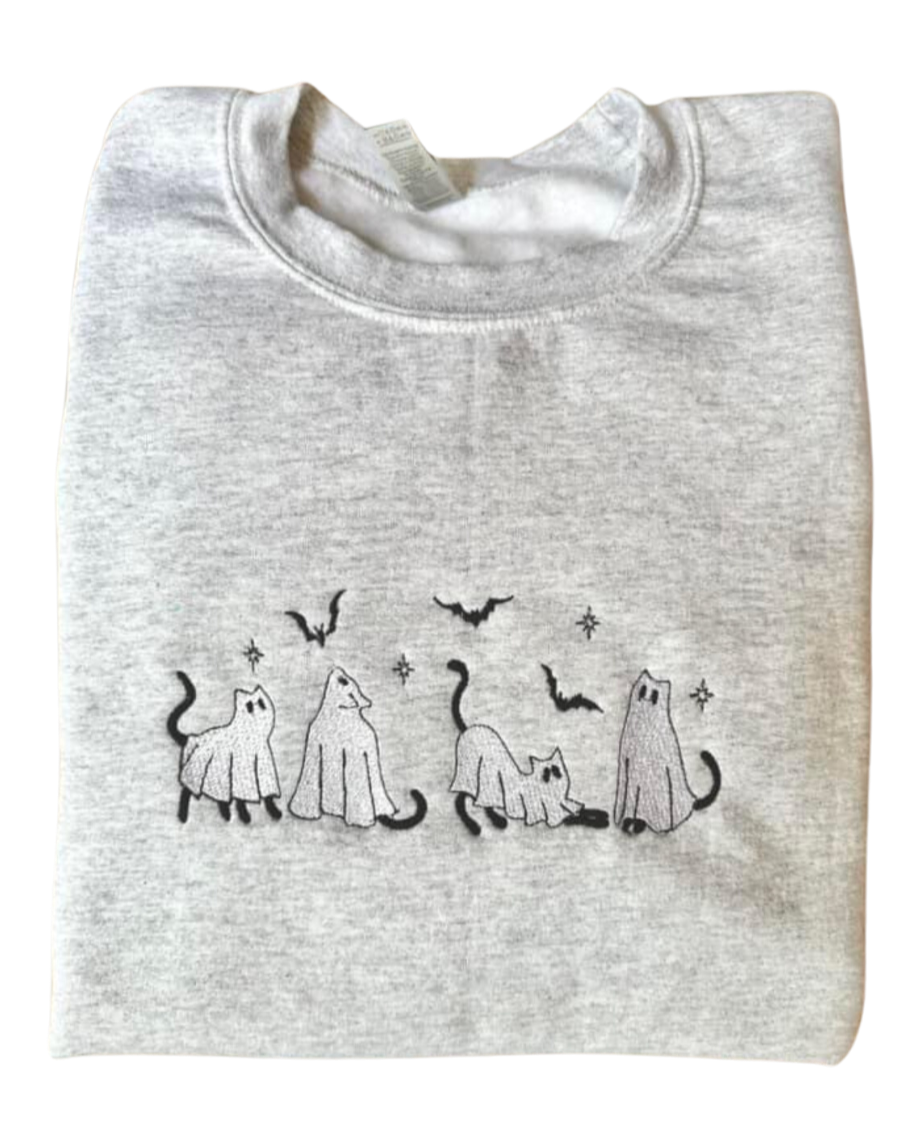 Embroidered 'Ghost Cats' Hoodie or Crew Neck Long Sleeve, Classic fit, Unisex, Adult