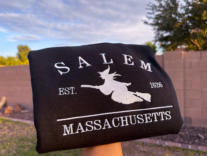 Embroidered 'Salem Massachusetts Witch' Hoodie or Crew Neck, Long Sleeve, Classic fit, Unisex, Adult