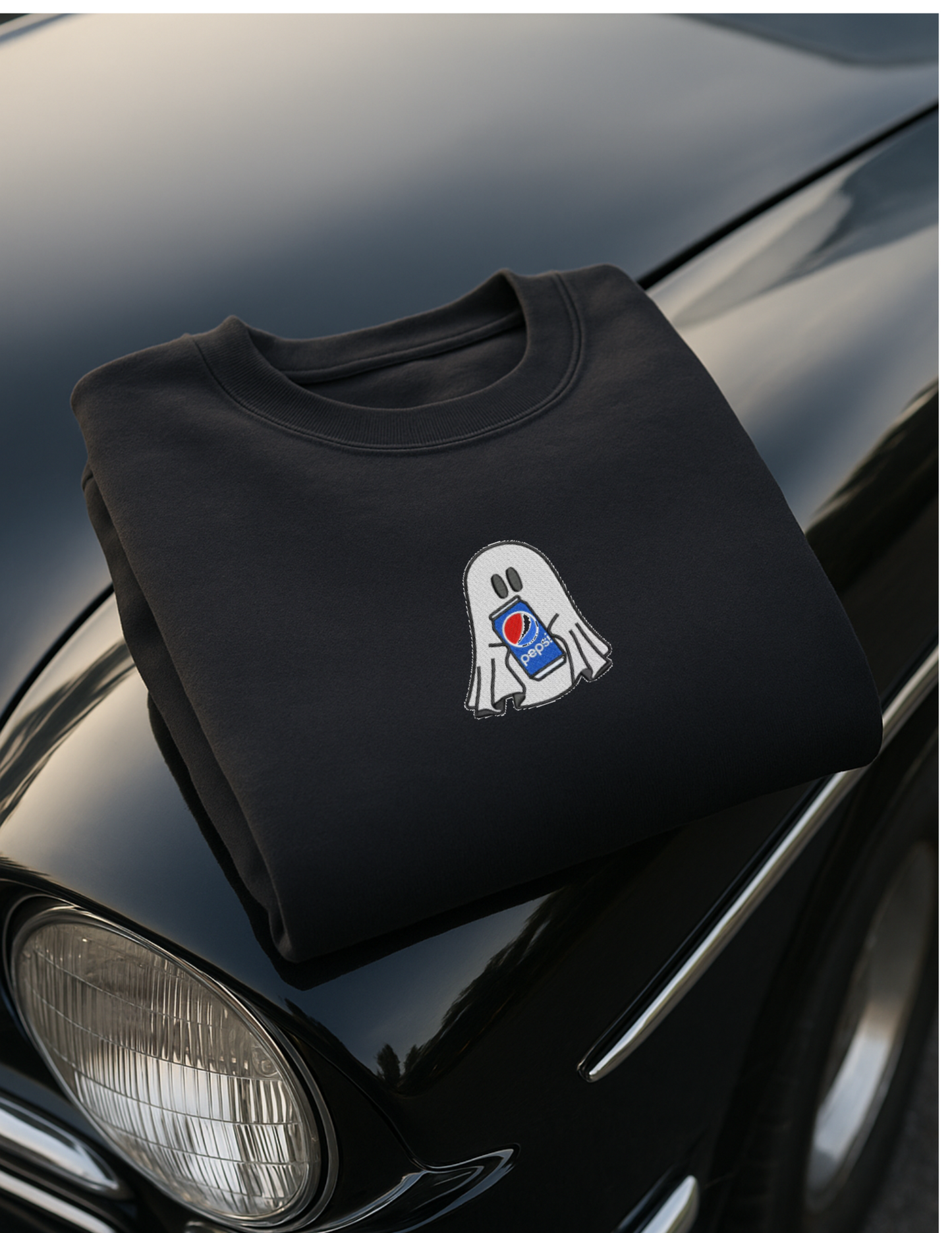 Embroidered 'Ghost Blue Dark Soda P' Hoodie or Crew Neck, Long Sleeve, Classic fit, Unisex, Adult