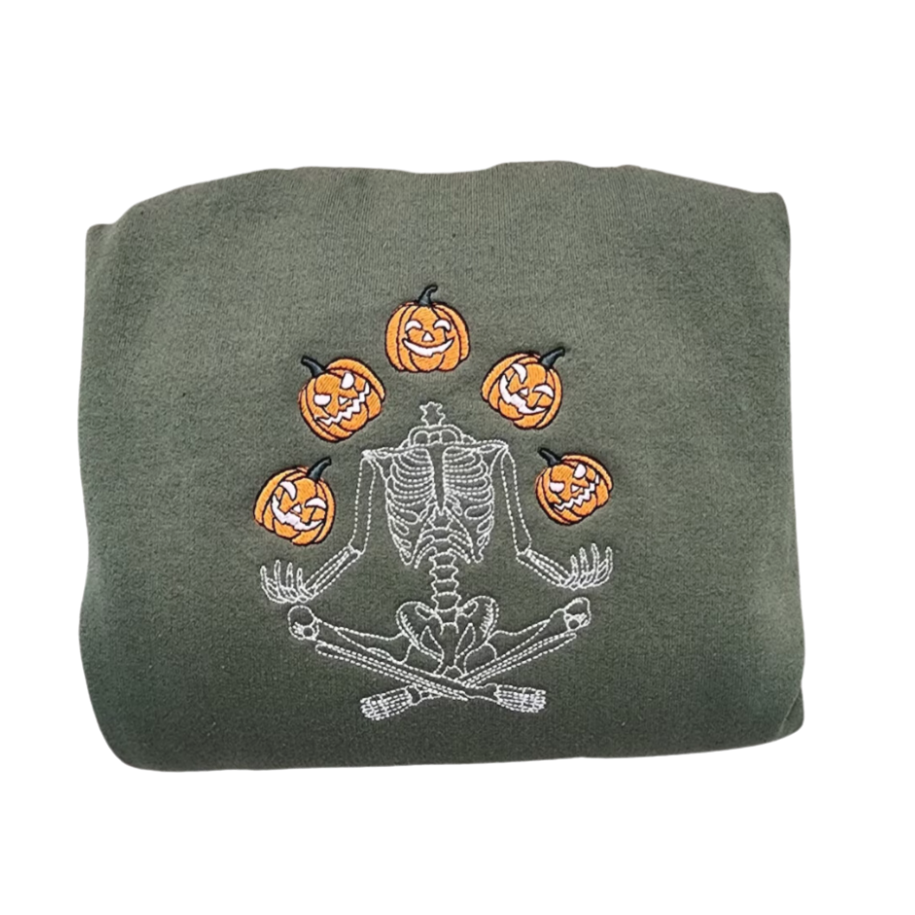 Embroidered 'Skelton Juggling Pumpkin Heads' Hoodie or Crew Neck Long Sleeve, Classic fit, Unisex, Adult
