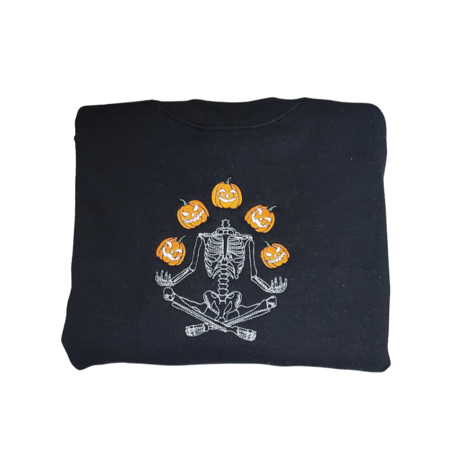 Embroidered 'Skelton Juggling Pumpkin Heads' Hoodie or Crew Neck Long Sleeve, Classic fit, Unisex, Adult