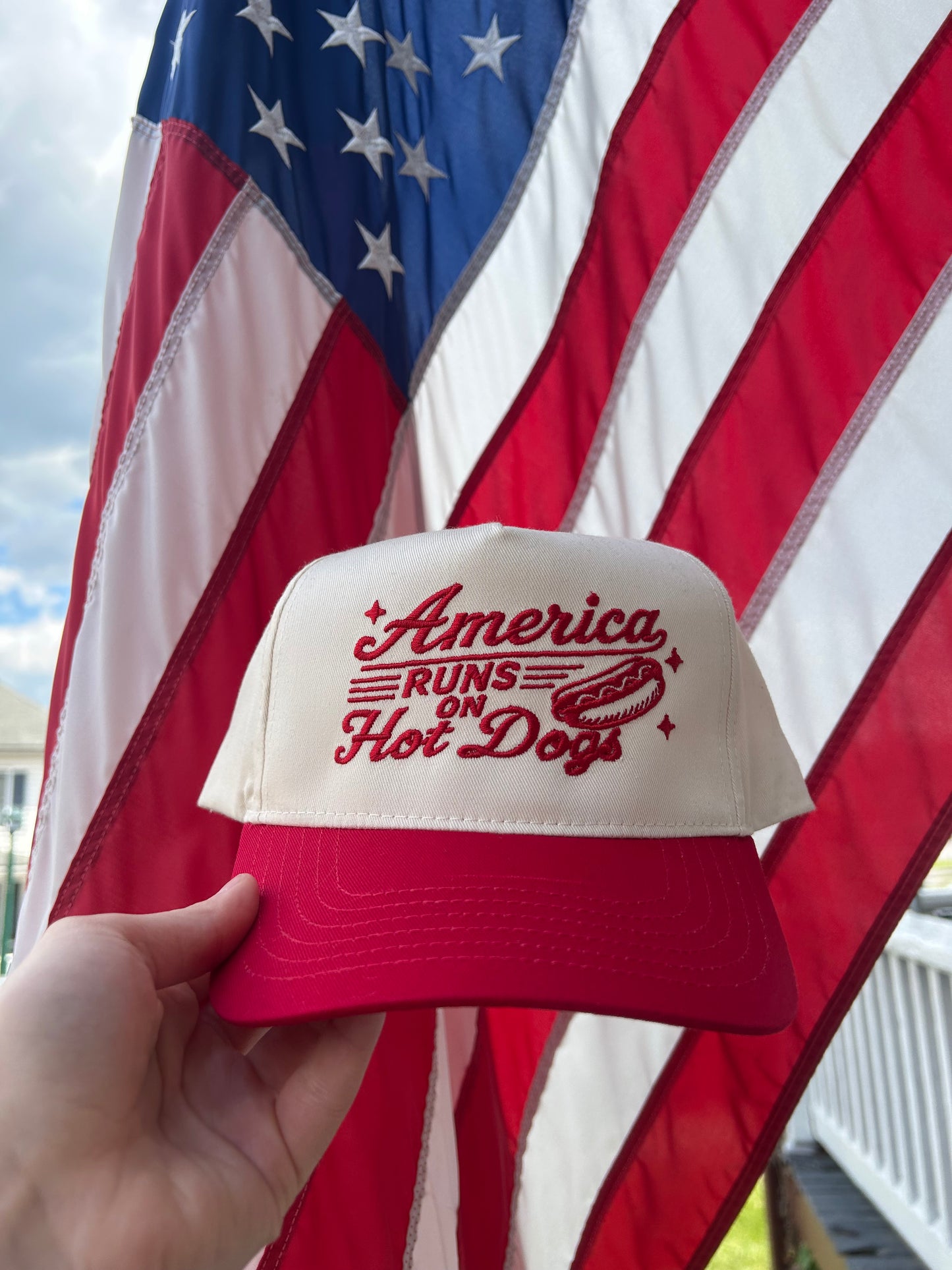 Embroidered America Runs on Hot Dogs Hat, Unisex, Adult