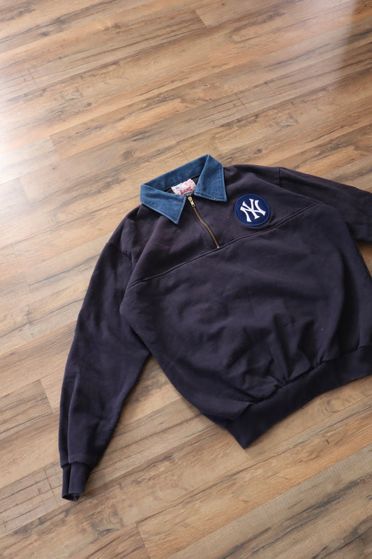 Embroidered New York Yankees Crewneck with Denim Collar