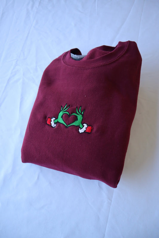 Embroidered 'Christmas Heart Hands'  Hoodie or Crew Neck Long Sleeve, Classic fit, Unisex, Adult