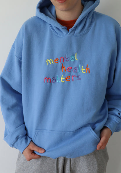 Embroidered 'Mental Health Matters Rainbow Hoodie or Crew Neck, Long Sleeve, Classic fit, Unisex, Adult