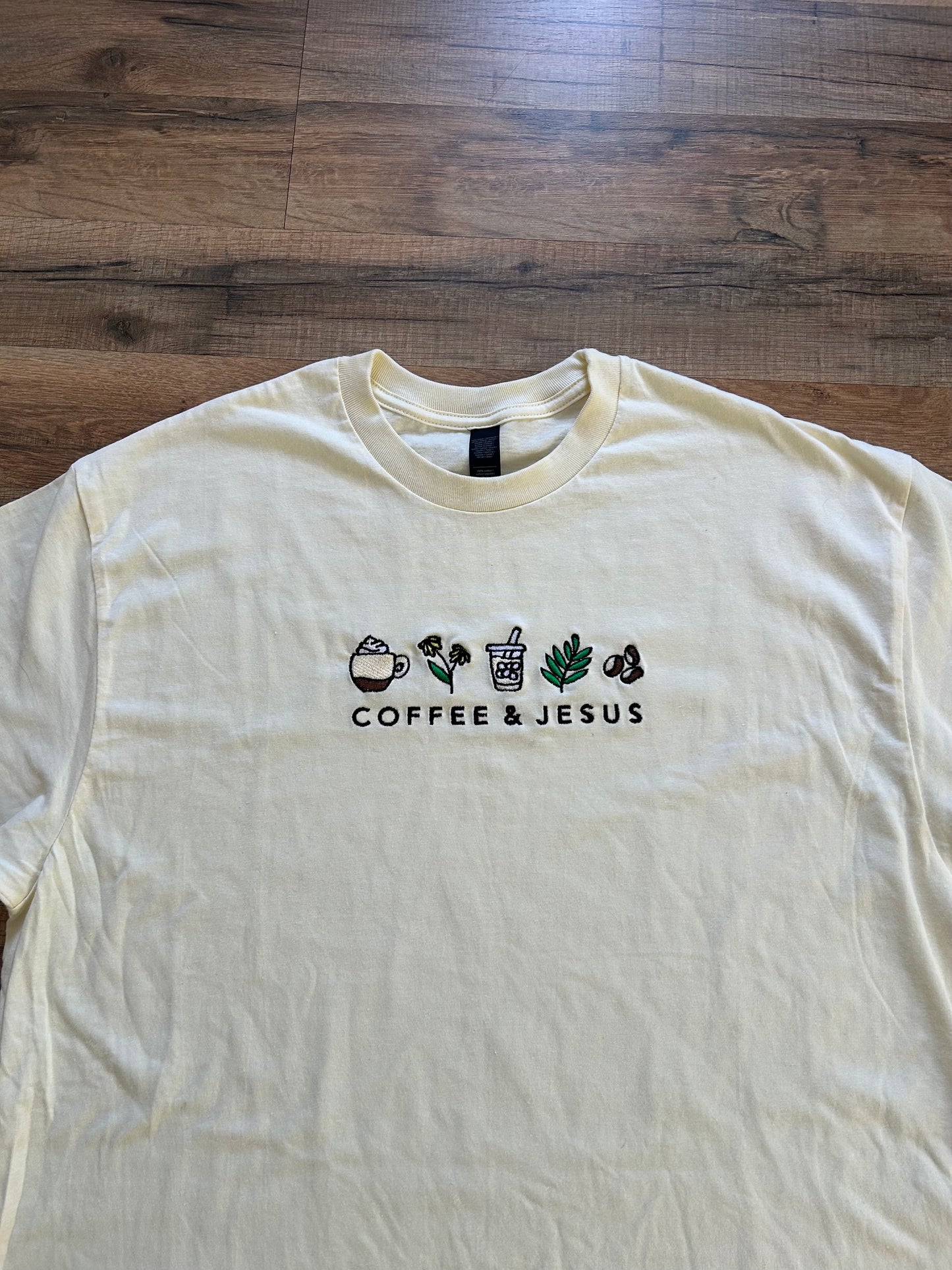 Embroidered Coffee and Jesus, Easter, Short Sleeve, Modern Classic Fit, Unisex, Adult T-Shirt