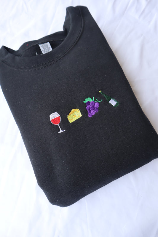 Embroidered "Wine, Cheese, Grapes and more Wine"" Hoodie or Crew Neck, Long Sleeve, Classic fit, Unisex, Adult