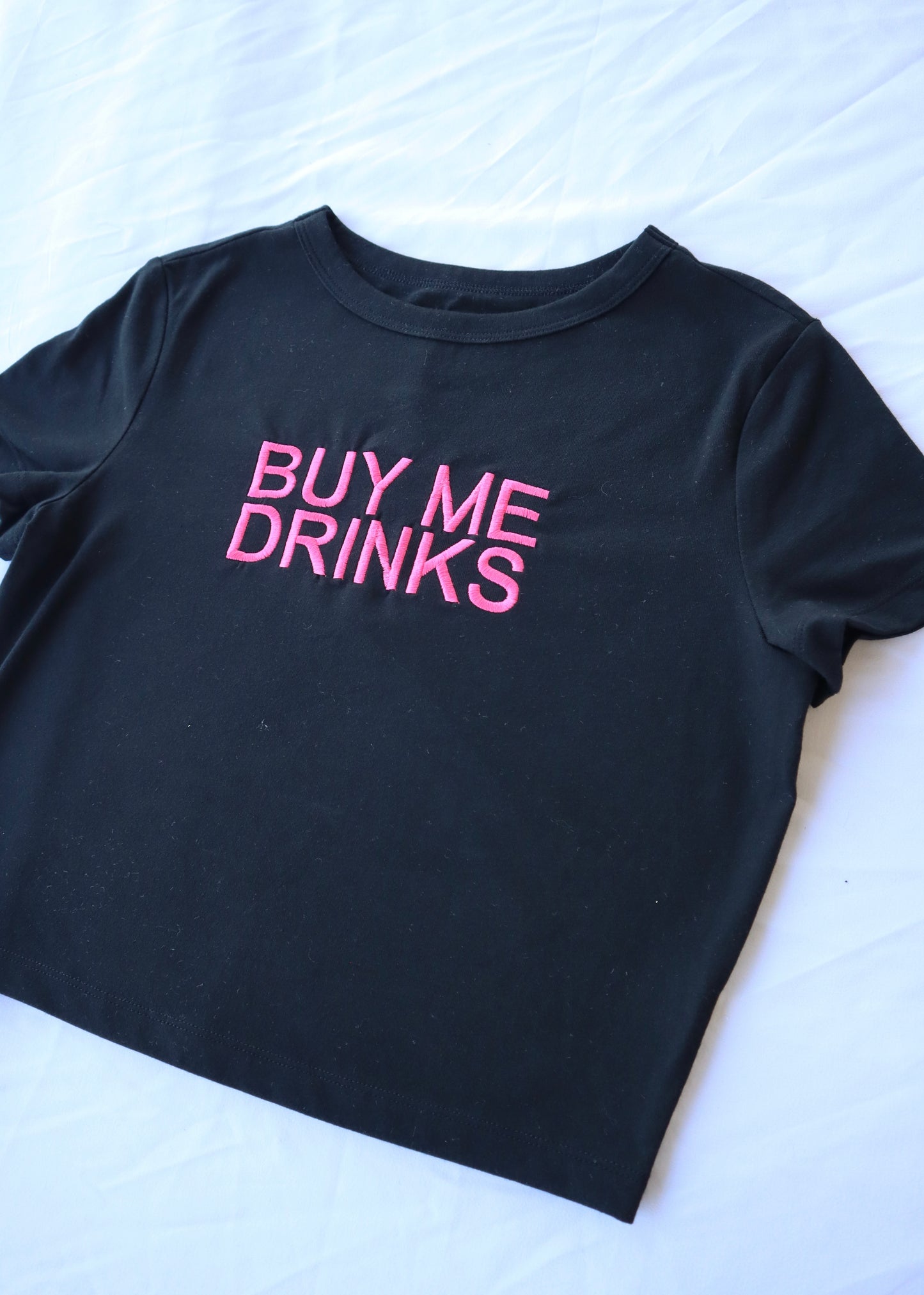 Embroidered ‘Buy Me Drinks’ Cropped, Short Sleeve, Petite fit, Adult, Female, T-Shirt