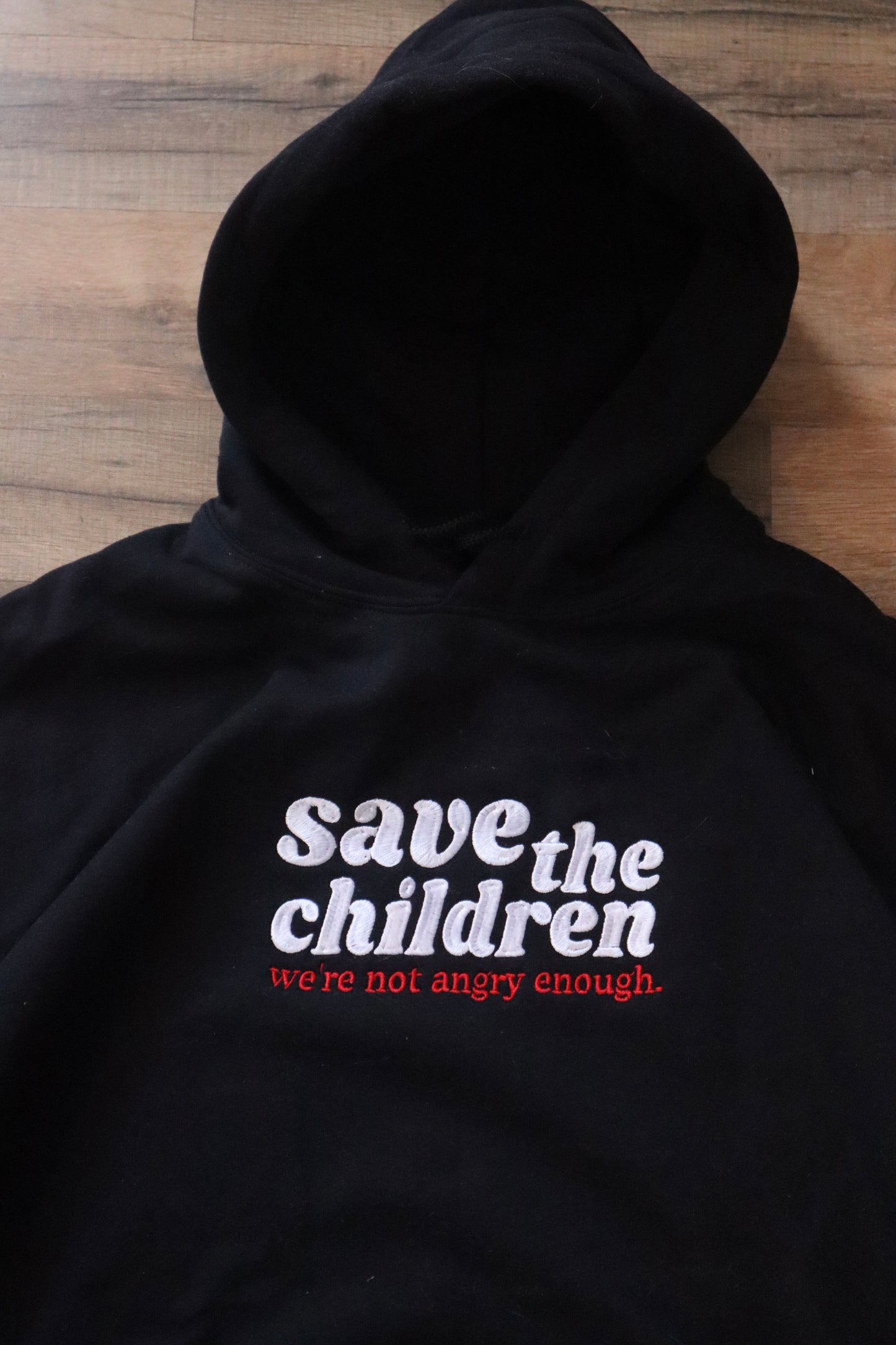 Embroidered 'save the children' Hoodie or Crew Neck, Long Sleeve, Classic fit, Unisex, Adult