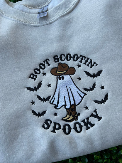 Embroidered 'Boot Scootin Spooky'  Hoodie or Crew Neck Long Sleeve, Classic fit, Unisex, Adult