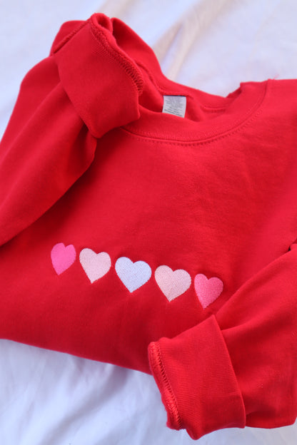 Embroidered Valentine's Day "Pink Hearts", Hoodie or Crew Neck, Long Sleeve, Classic fit, Unisex, Adult