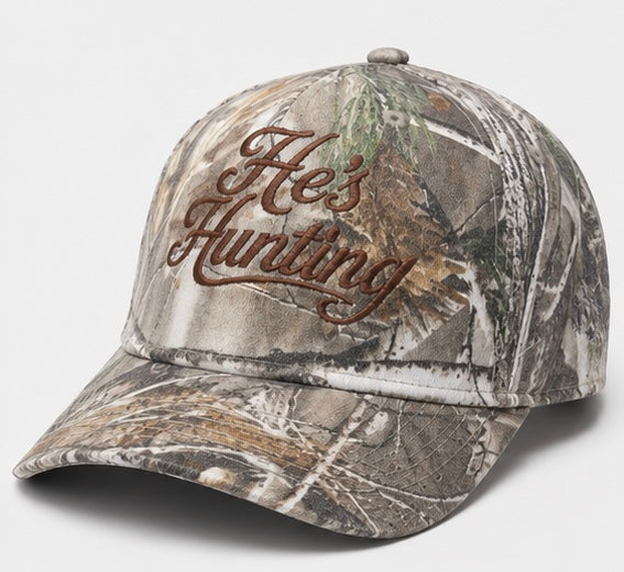 Embroidered He's Hunting Camo Snapback