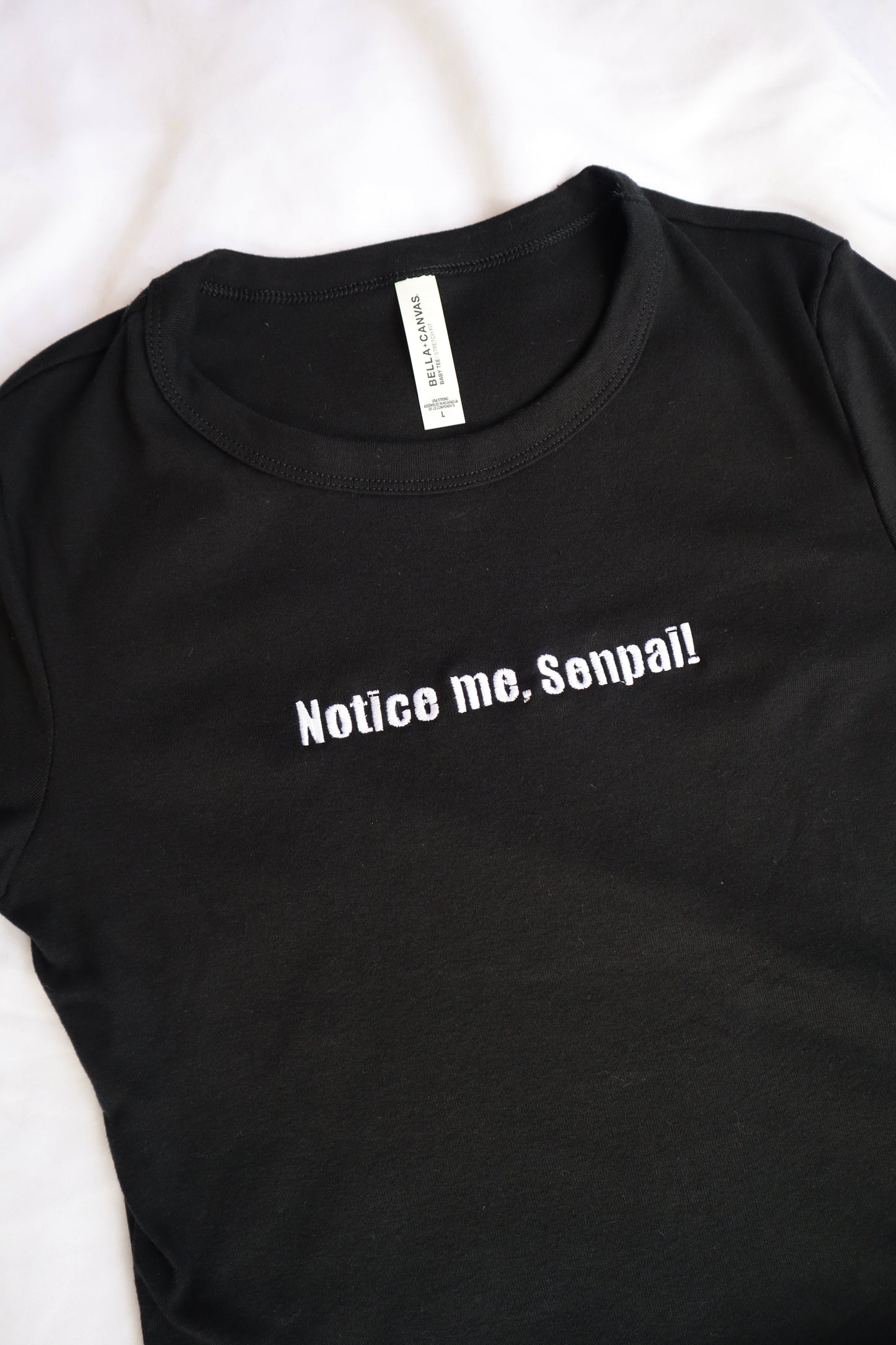 Embroidered 'Notice Me, Senpai!' Cropped, Short Sleeve, Adult Female, Baby Tee