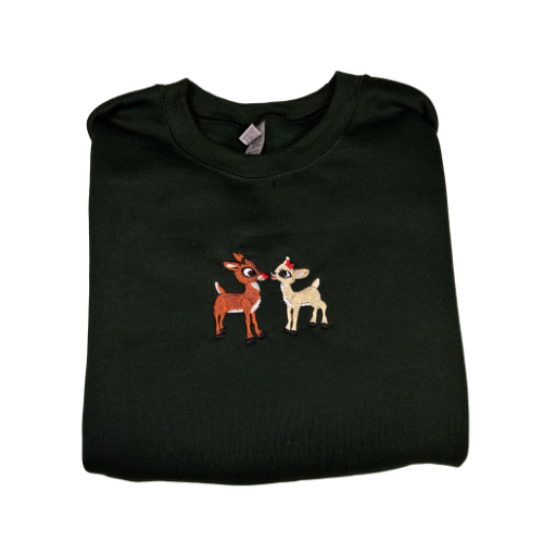 Embroidered \'Christmas Deer\' Hoodie Vintage or Crew – Sleeve, Neck, KDM Long Classic