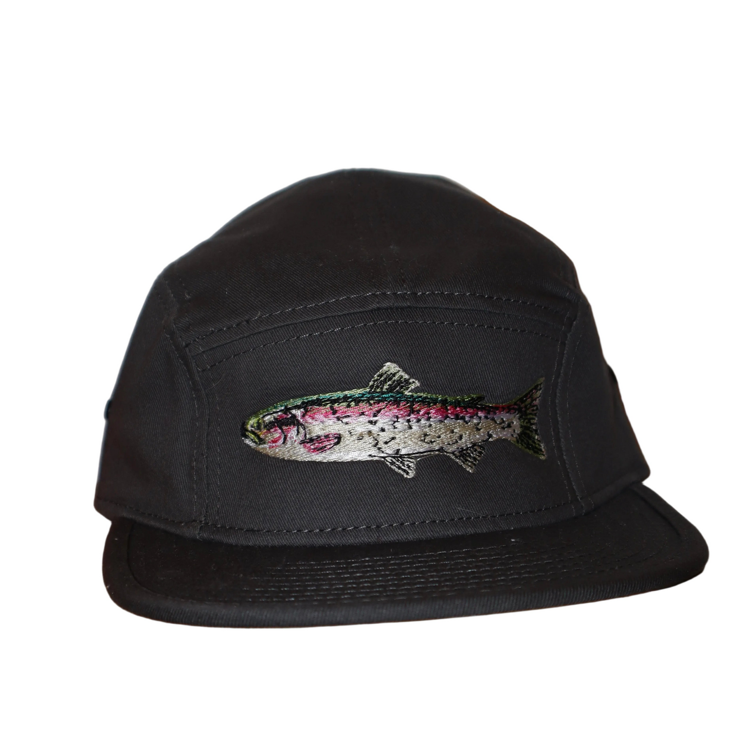 Black cap with a fish design on a white background