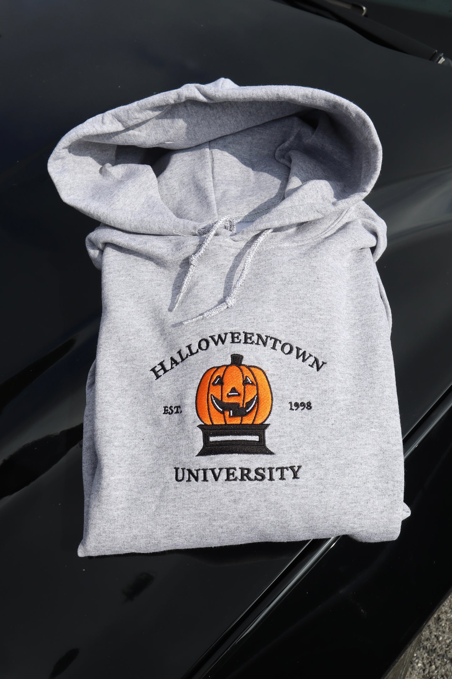Embroidered 'Halloween University Big Colored Scary Pumpkin Head' Hoodie or Crewneck, Long Sleeve, Classic fit, Unisex, Adult