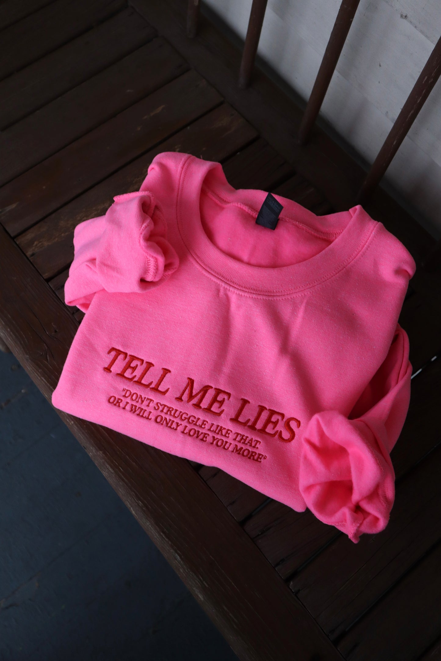 Embroidered 'Tell Me Lies' Hoodie or Crew Neck, Long Sleeve, Classic fit, Unisex, Adult