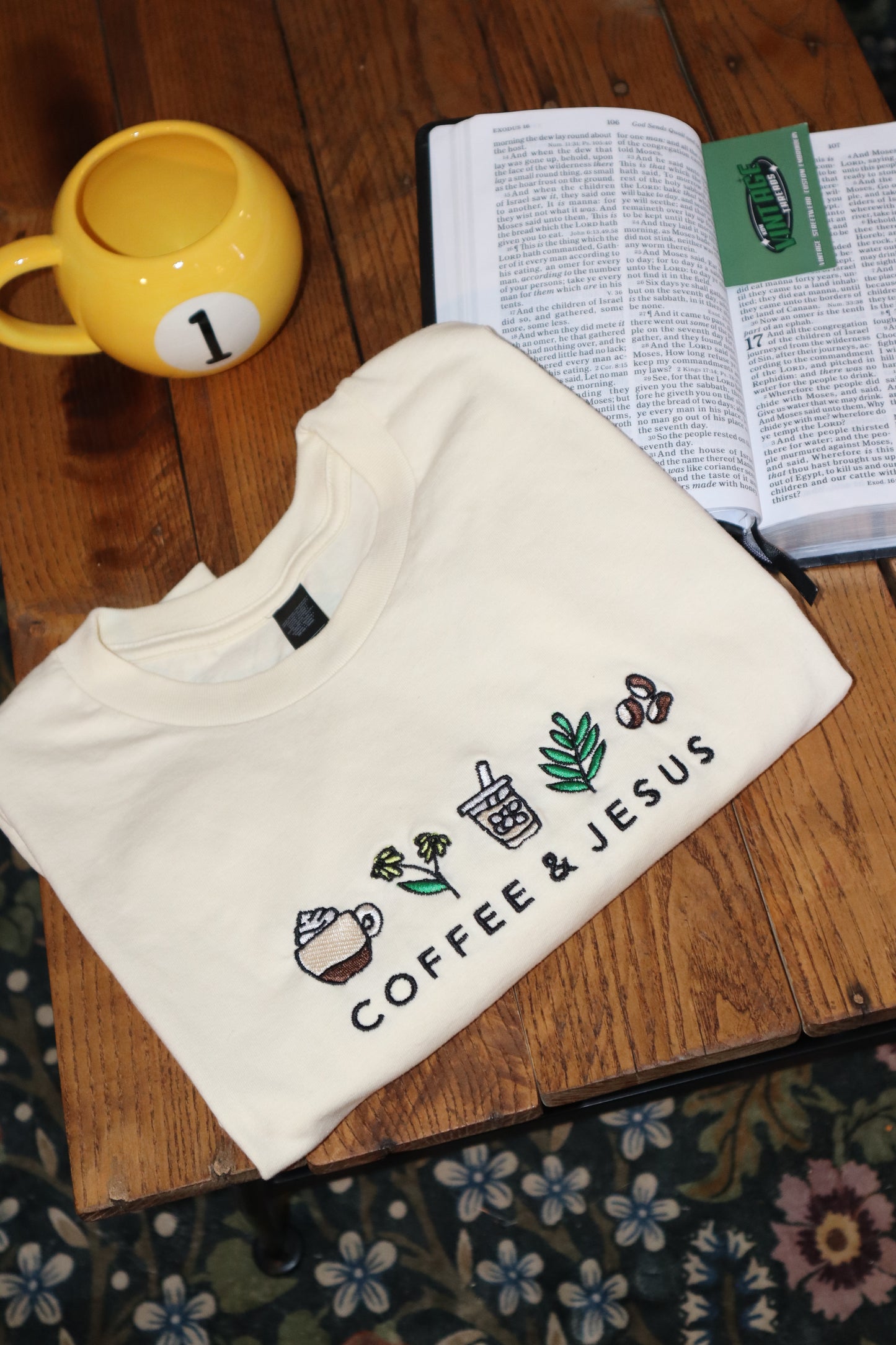 Embroidered Coffee and Jesus, Easter, Short Sleeve, Modern Classic Fit, Unisex, Adult T-Shirt