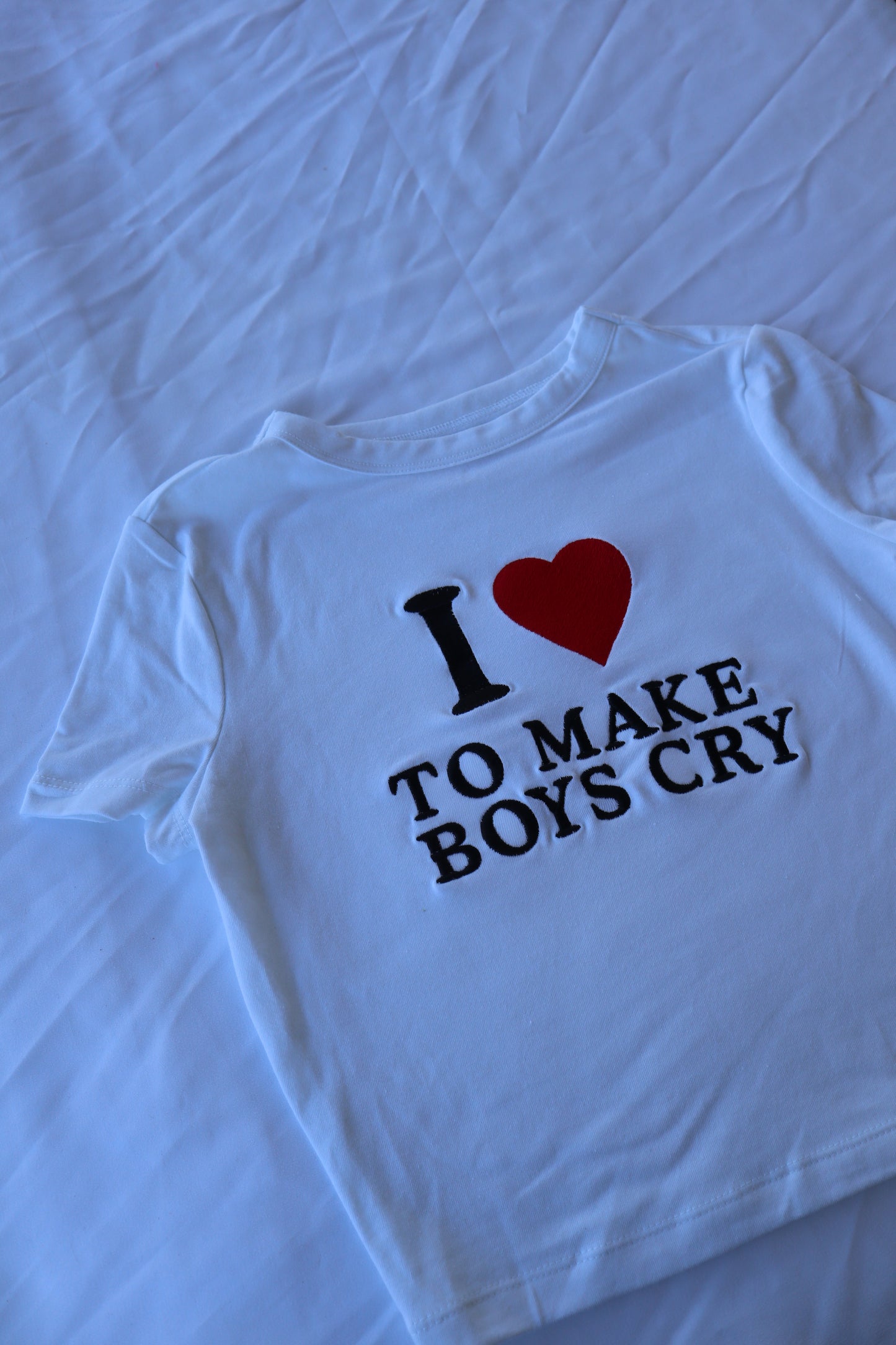 Embroidered ‘I Heart to Make Boys Cry’ Cropped, Short Sleeve, Petite fit, Adult, Female, T-Shirt