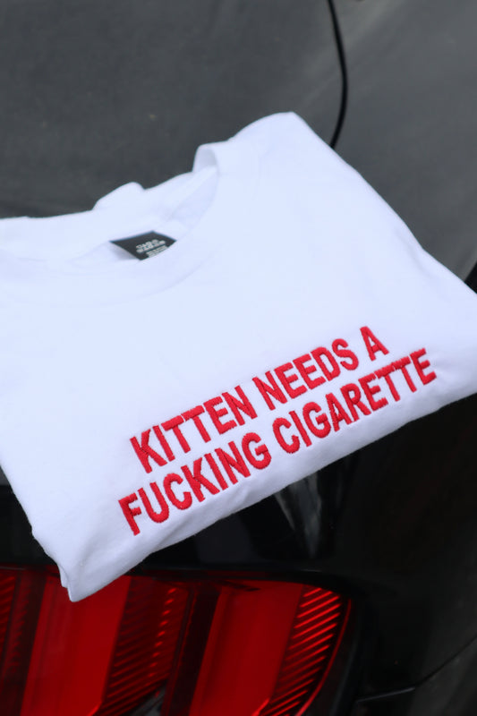 Embroidered Kitten Needs a Cig or a Bee, Short Sleeve, Modern Classic Fit, Unisex, Adult T-Shirt