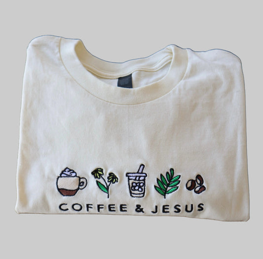 Embroidered Coffee and Jesus, Easter, Short Sleeve, Modern Classic Fit, Unisex, Adult T-Shirt