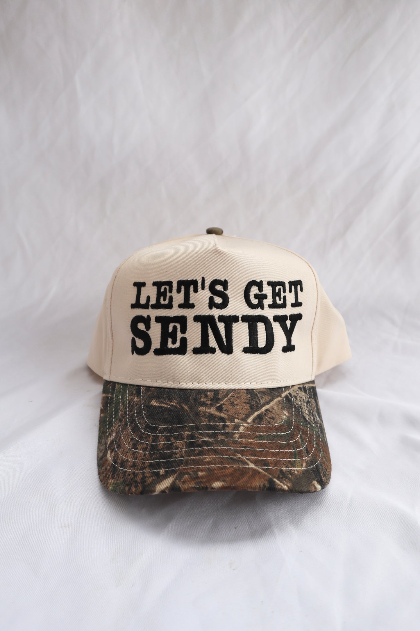 Embroidered Let's Get Sendy, Unisex, One Size Fits Most, Camo Hat, Snap Back