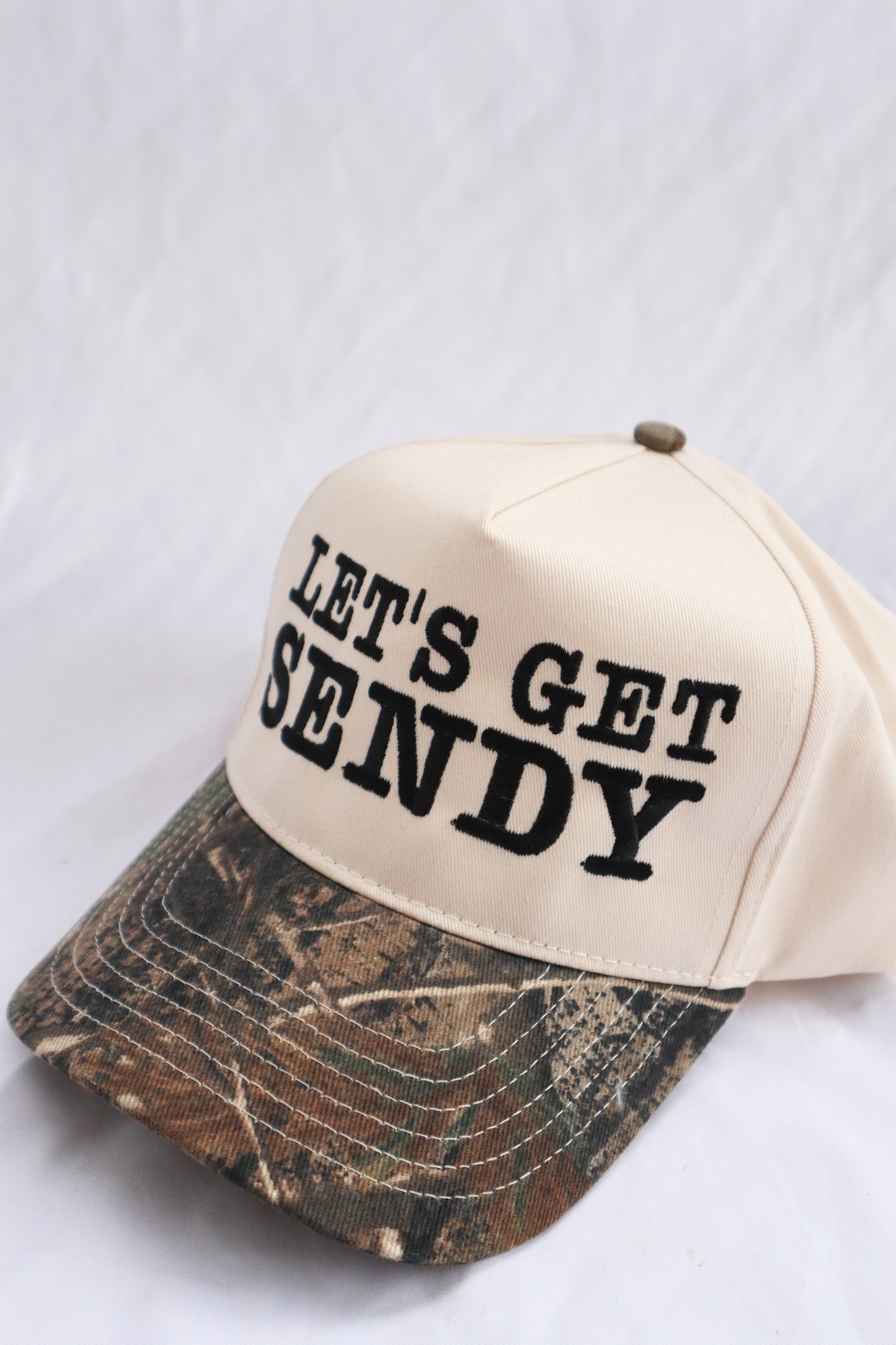Embroidered Let's Get Sendy, Unisex, One Size Fits Most, Camo Hat, Snap Back