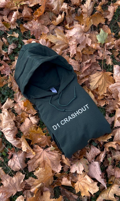 Embroidered 'D1 CRASHOUT' Hoodie or Crew Neck, Long Sleeve, Classic fit, Unisex, Adult