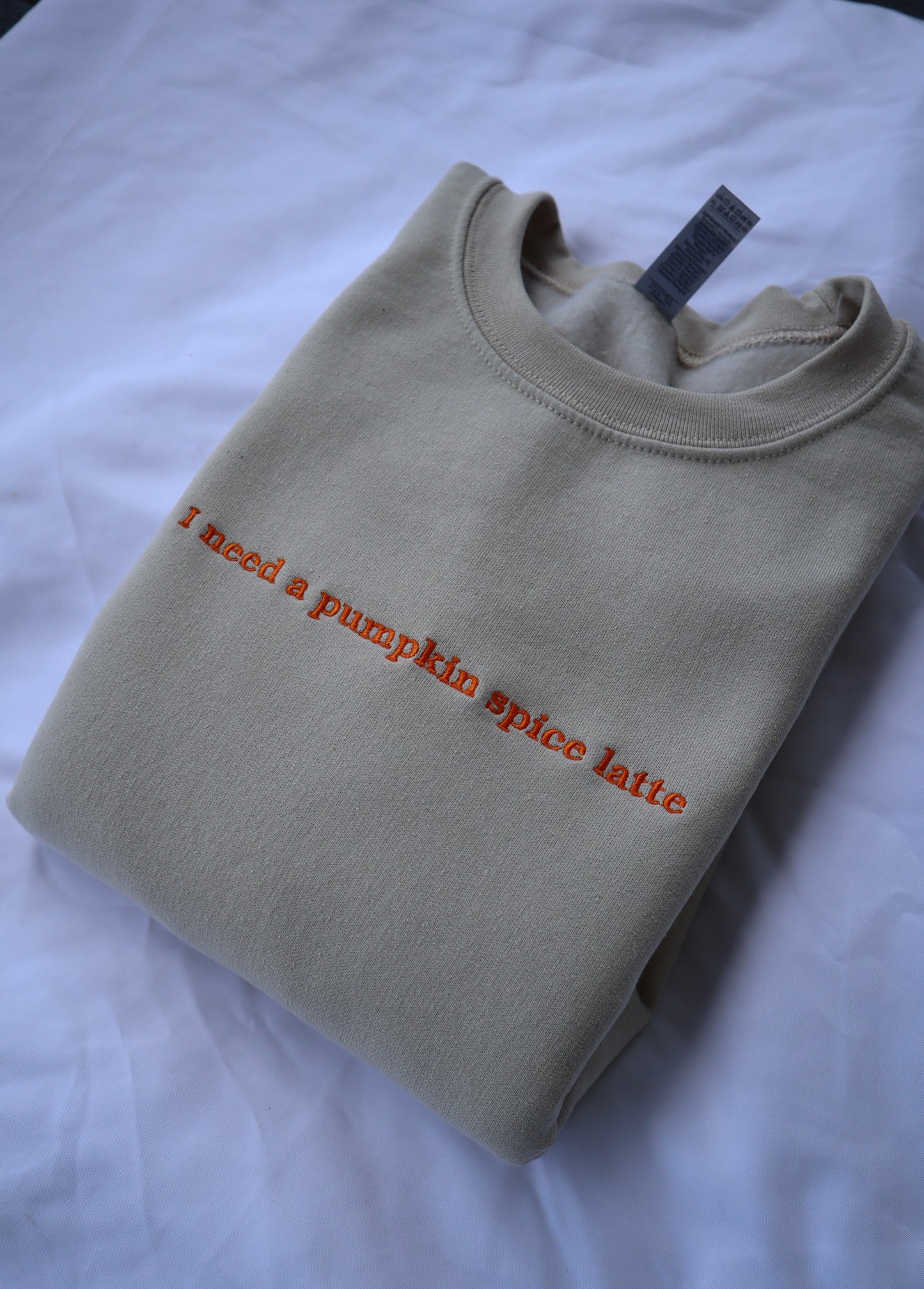 Embroidered Fall 'I need a pumpkin spice latte' Hoodie or Crew Neck, Long Sleeve, Classic fit, Unisex, Adult